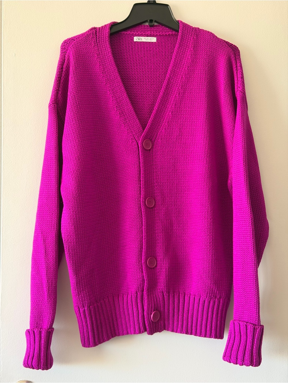ZARA Chunky Knit Cardigan Sweater Magenta Purple V-Neck Button Front Large